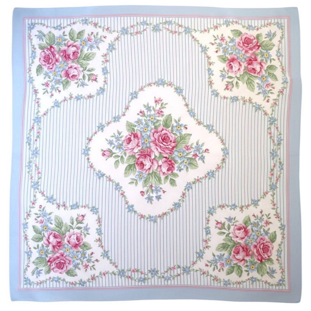 Vintage Floral Silk Scarf Cottagecore Blue White Pink Large Square 35 x 35